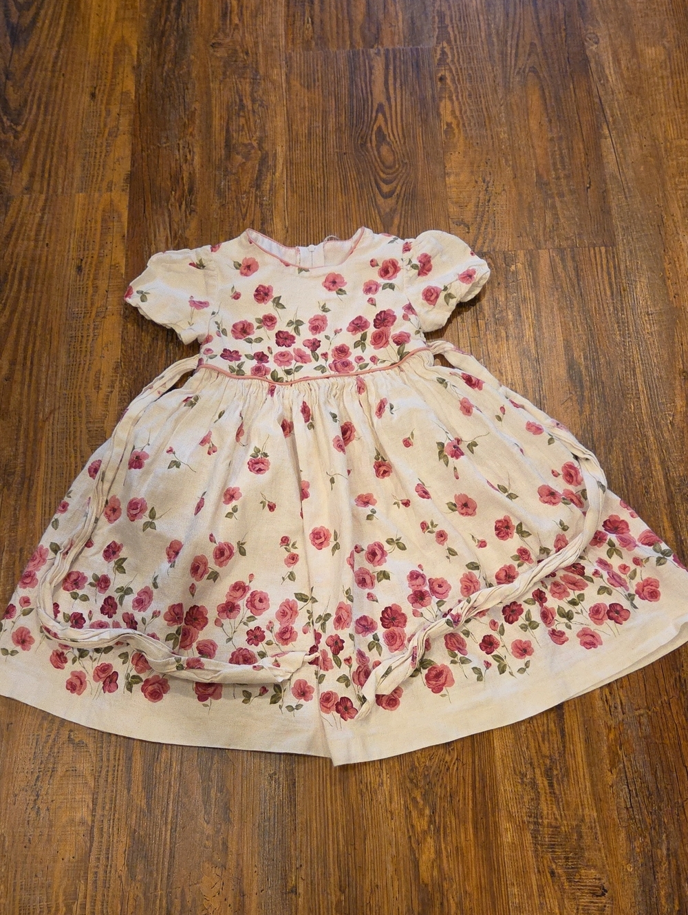 Cream Floral Girls' Party Dress with Pink Rose Print